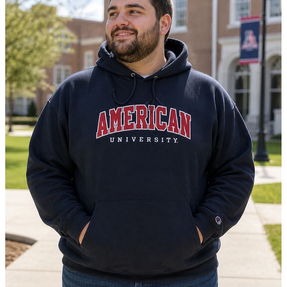 Champion American University Hoodie Sweatshirt Mens 3XL Navy Blue Embroidered
